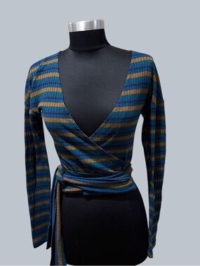 Free People Striped Wrap Long Sleeve Top in Blue and Brown